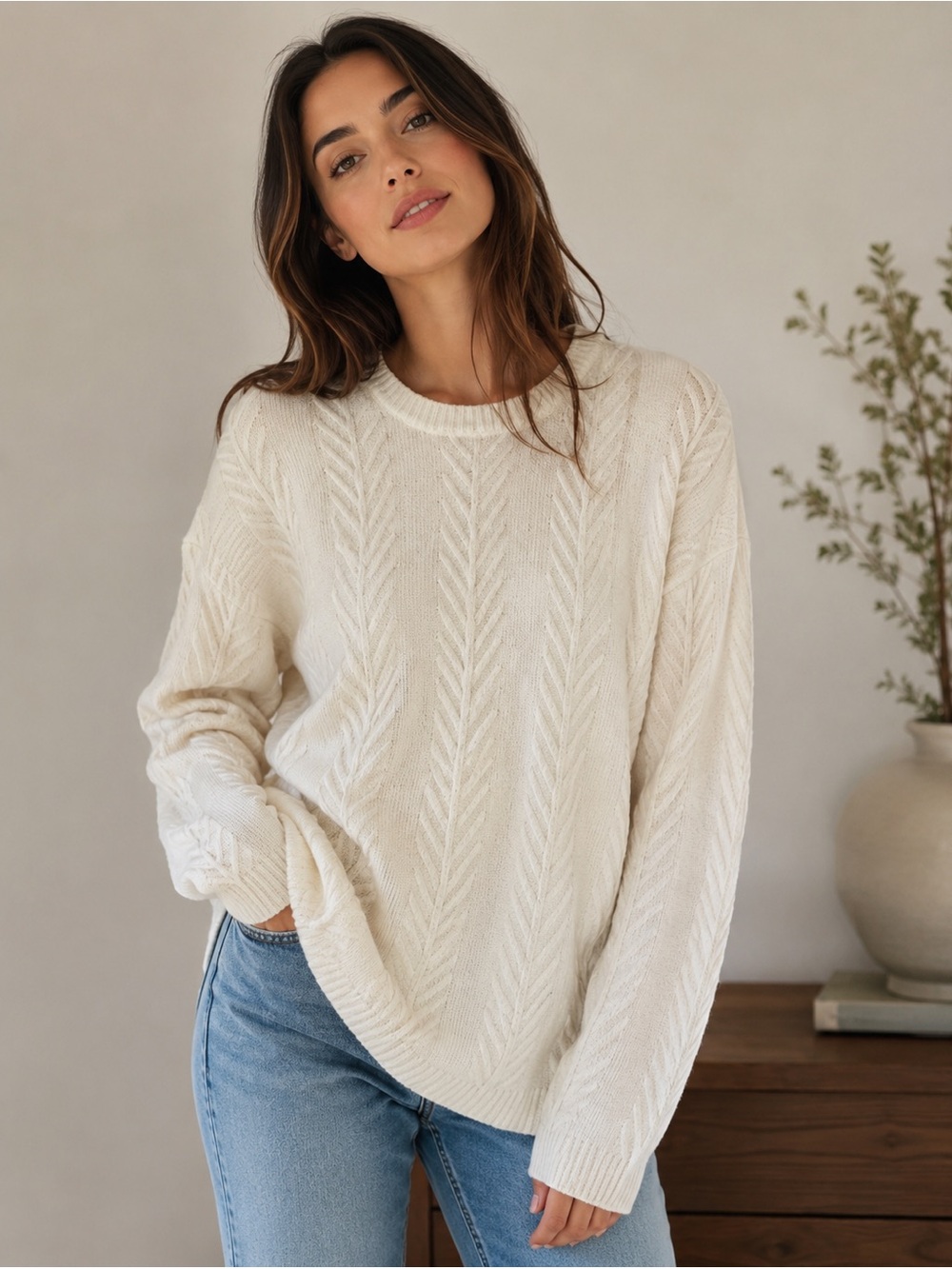 Orvis Women's Chenille Pullover Herringbone Pattern, Crew Neck Sweater